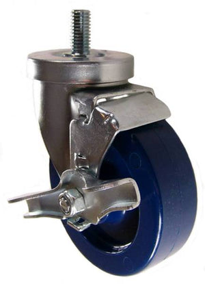 4" x 1-1/4" Solid Polyurethane Wheel Swivel Caster with 1/2" Threaded Stem & Brake - 350 Lbs Capacity