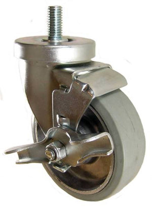 4" x 1-1/4" Rubber on Aluminum Wheel Swivel Caster with 1/2" Threaded Stem & Brake - 300 Lbs Capacity