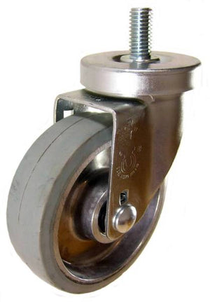 4" x 1-1/4" Rubber on Aluminum Wheel Swivel Caster with 1/2" Threaded Stem - 300 Lbs Capacity