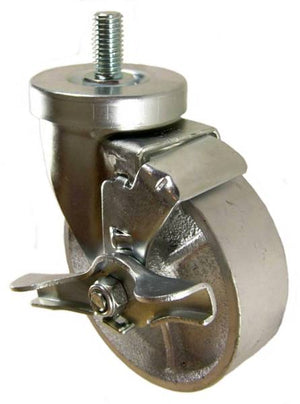 4" x 1-1/4" Semi-Steel Wheel Swivel Caster with 1/2" Threaded Stem & Brake  - 350 Lbs Capacity