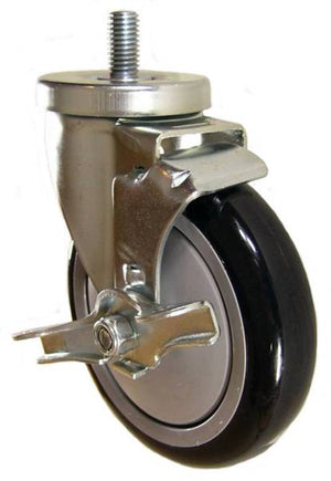 5" x 1-1/4" Polyurethane Wheel Swivel Caster with 1/2" Threaded Stem & Brake - 350 Lbs Capacity