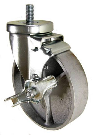 5" x 1-1/4" Semi-Steel Wheel Swivel Caster with 1/2" Threaded Stem & Brake - 350 Lbs Capacity