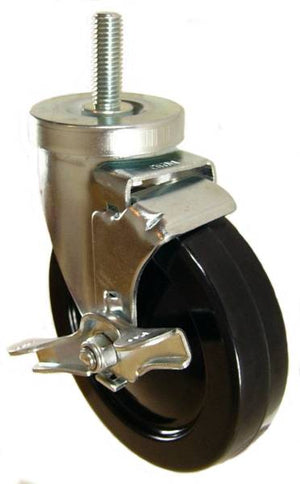 5" x 1-1/4" Hard Rubber Wheel Swivel Caster with 1/2" Threaded Stem & Brake - 350 Lbs Capacity