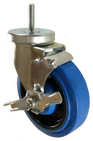 5" x 1-1/4" Elastic Rubber Wheel Swivel Caster with 3/8" Threaded Stem & Brake - 350 Lbs Capacity