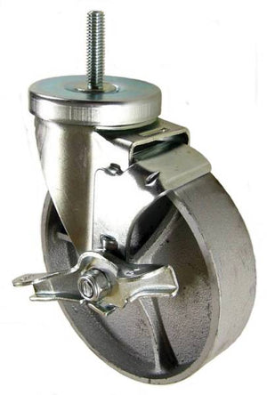 5" x 1-1/4" Semi-Steel Wheel Swivel Caster with 3/8" Threaded Stem & Brake - 350 Lbs Capacity